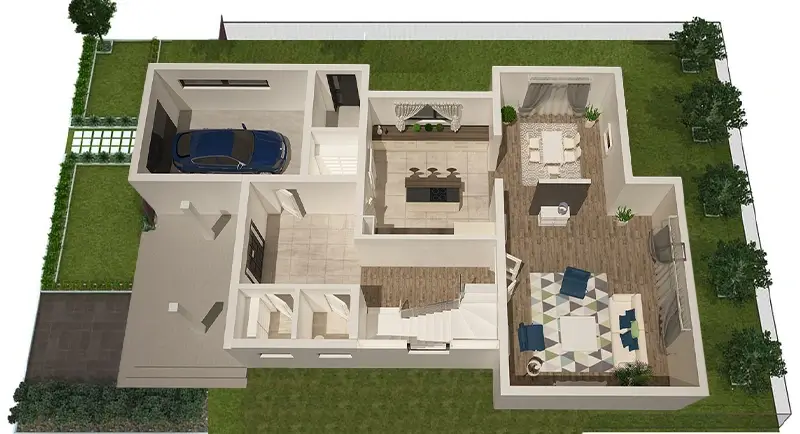 3D floor plan with exterior rendering