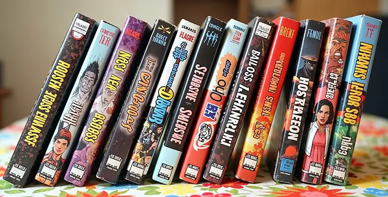 Book spines with different visual elements