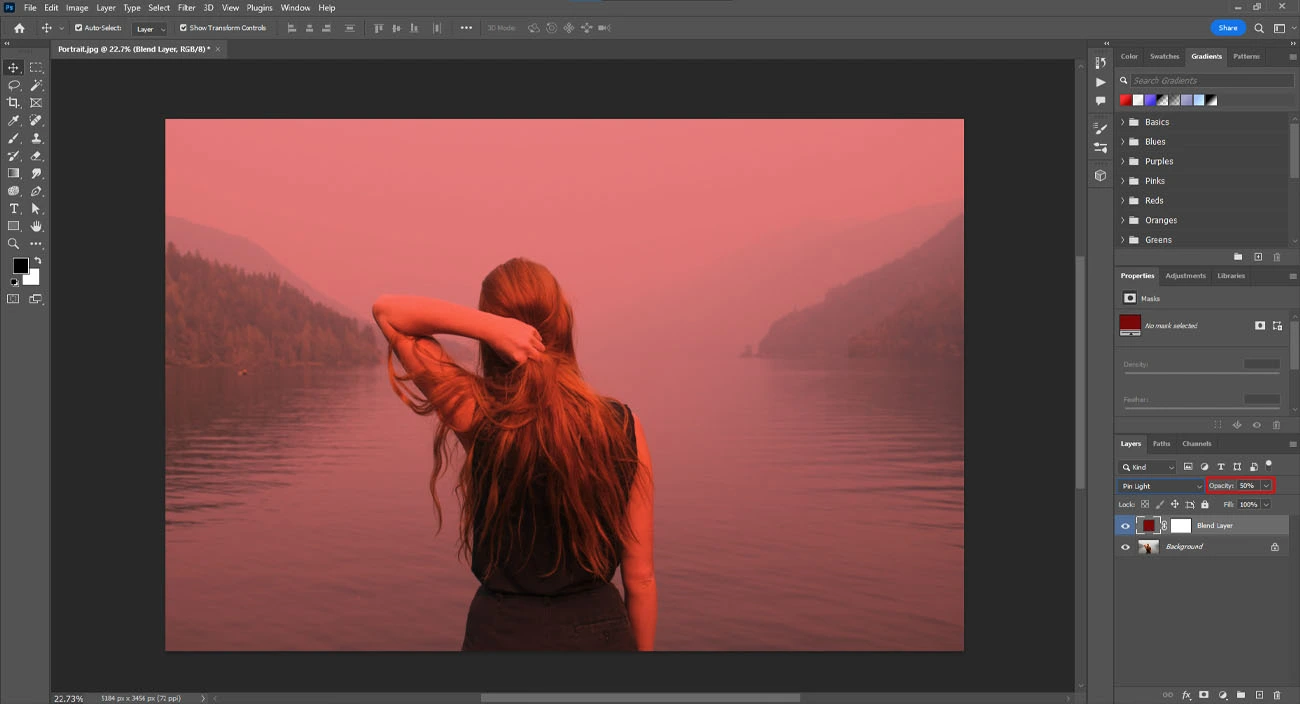 blend layer’s opacity level to 50%