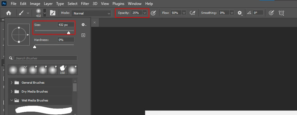 Brush tool, Adjust and set the opacity to not more than 25%