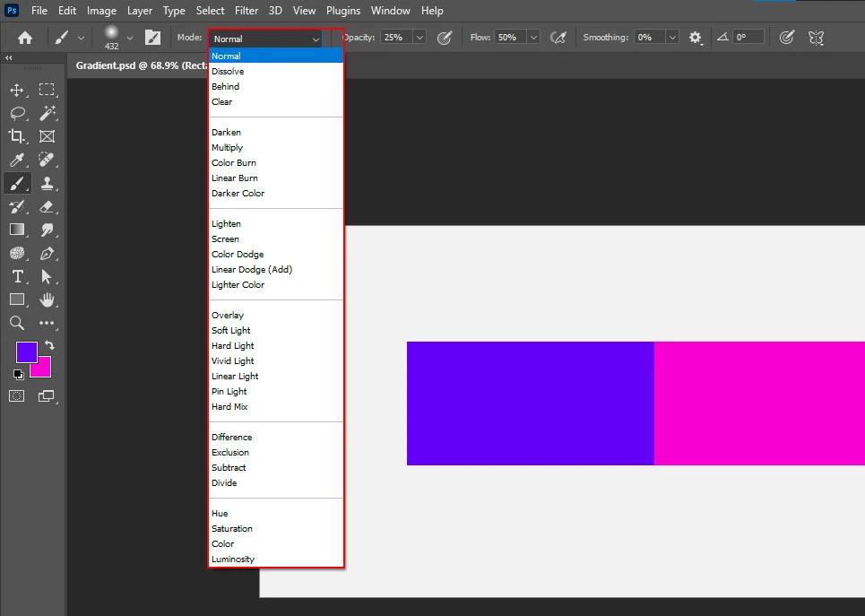 Brush tool, Select Modes now in the toolbar