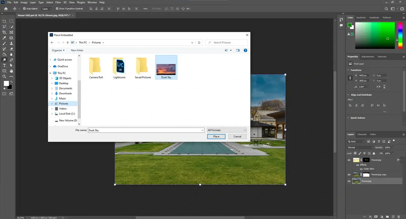 Import the dusk sky image to be used behind the property