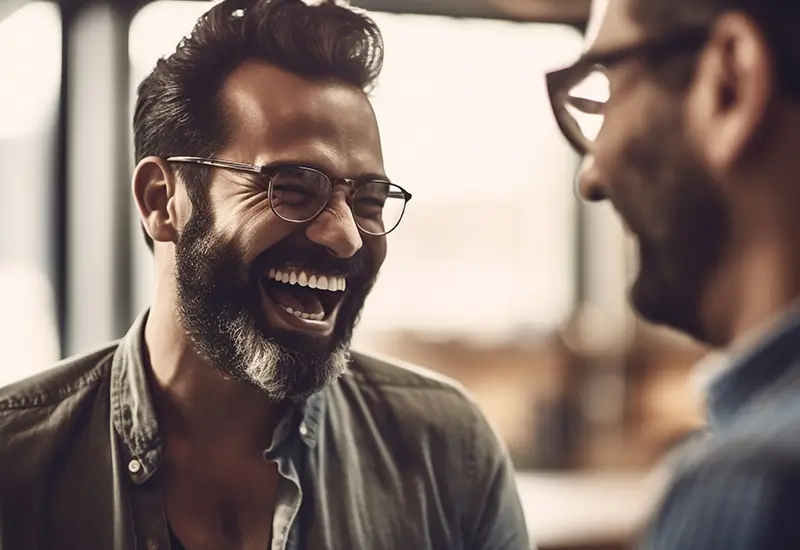 An over-the-shoulder shot of a mens laughing