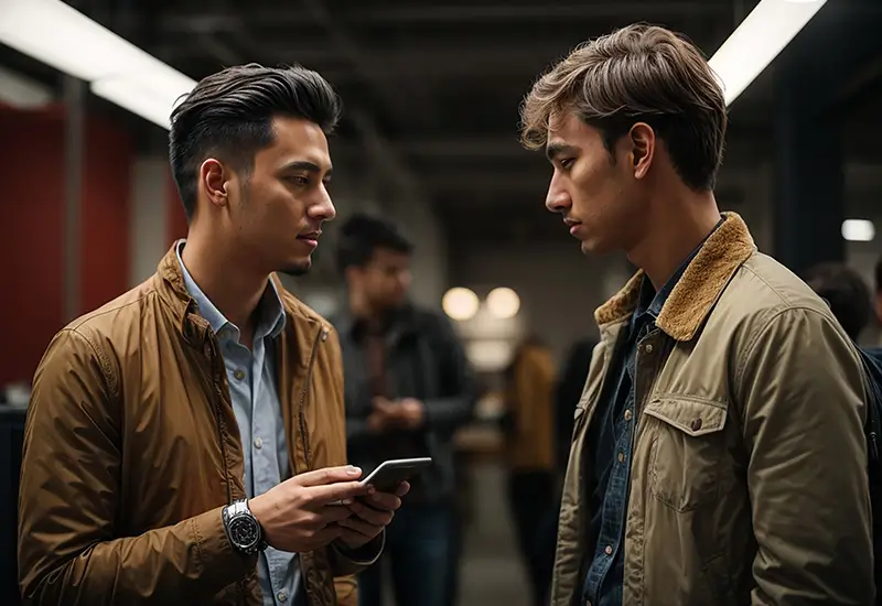 A two-shot of 2 men talking