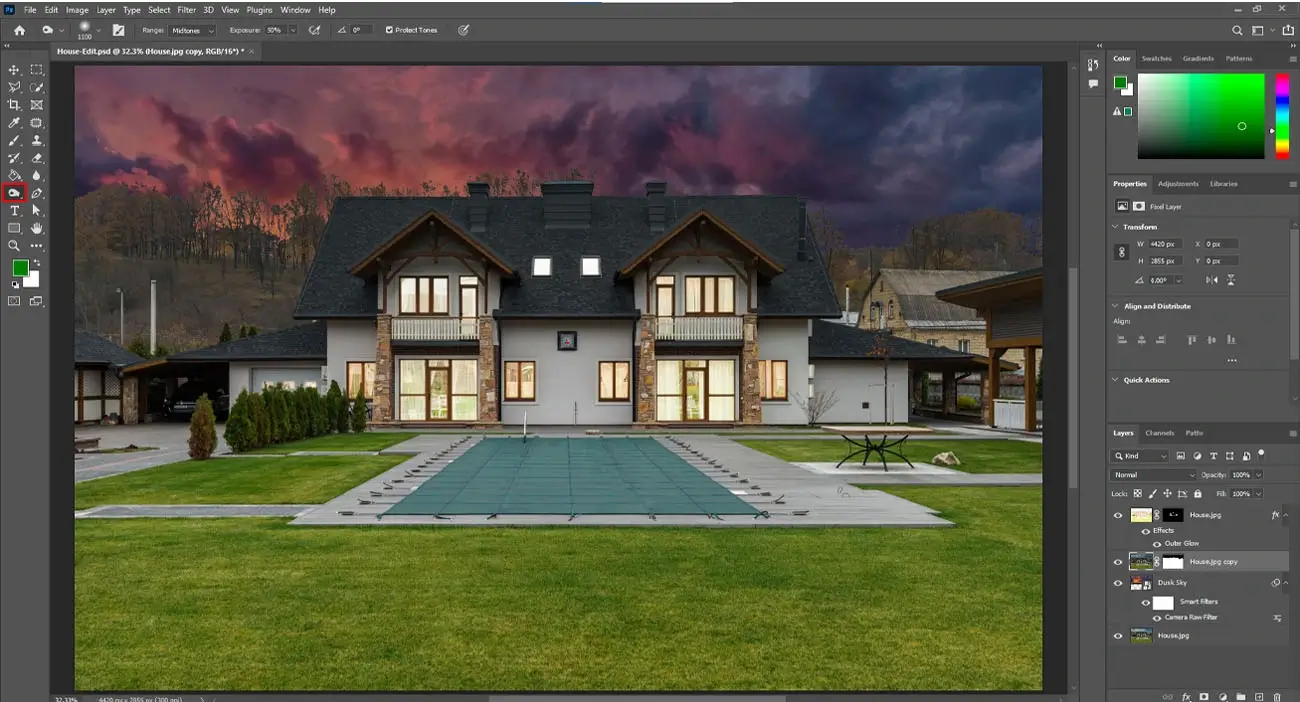 Use the Photoshop Burn Tool to darken